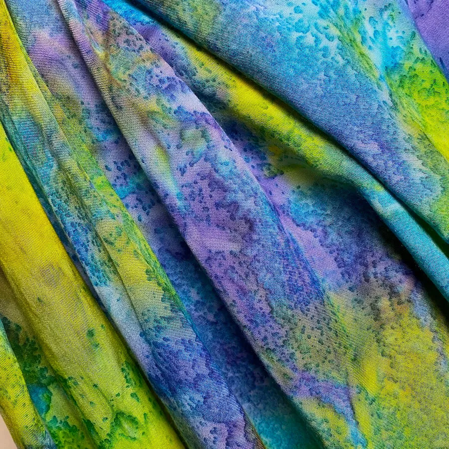 2.5-yard PIECE Pre-Washed/Dried, Hana, Tropical Turquoise/Lime Artisan Tie Dye Rayon Challis from India, #HB-273