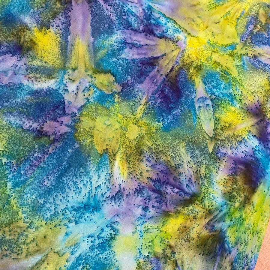 2.5-yard PIECE Pre-Washed/Dried, Hana, Tropical Turquoise/Lime Artisan Tie Dye Rayon Challis from India, #HB-273