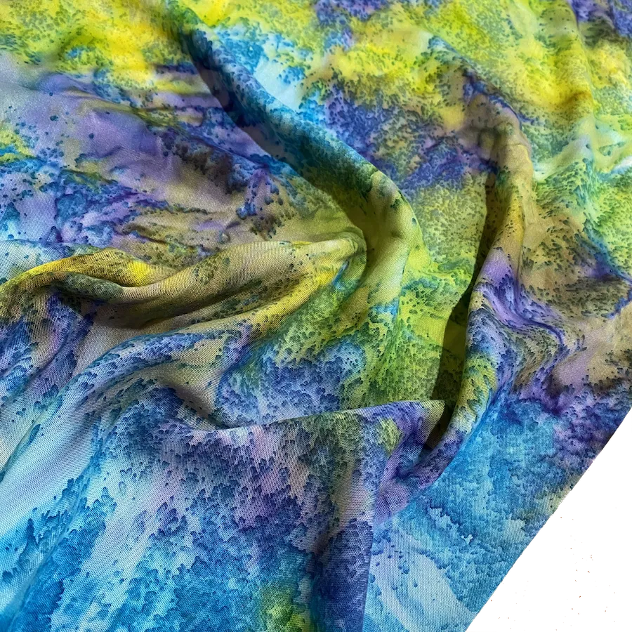 2.5-yard PIECE Pre-Washed/Dried, Hana, Tropical Turquoise/Lime Artisan Tie Dye Rayon Challis from India, #HB-273