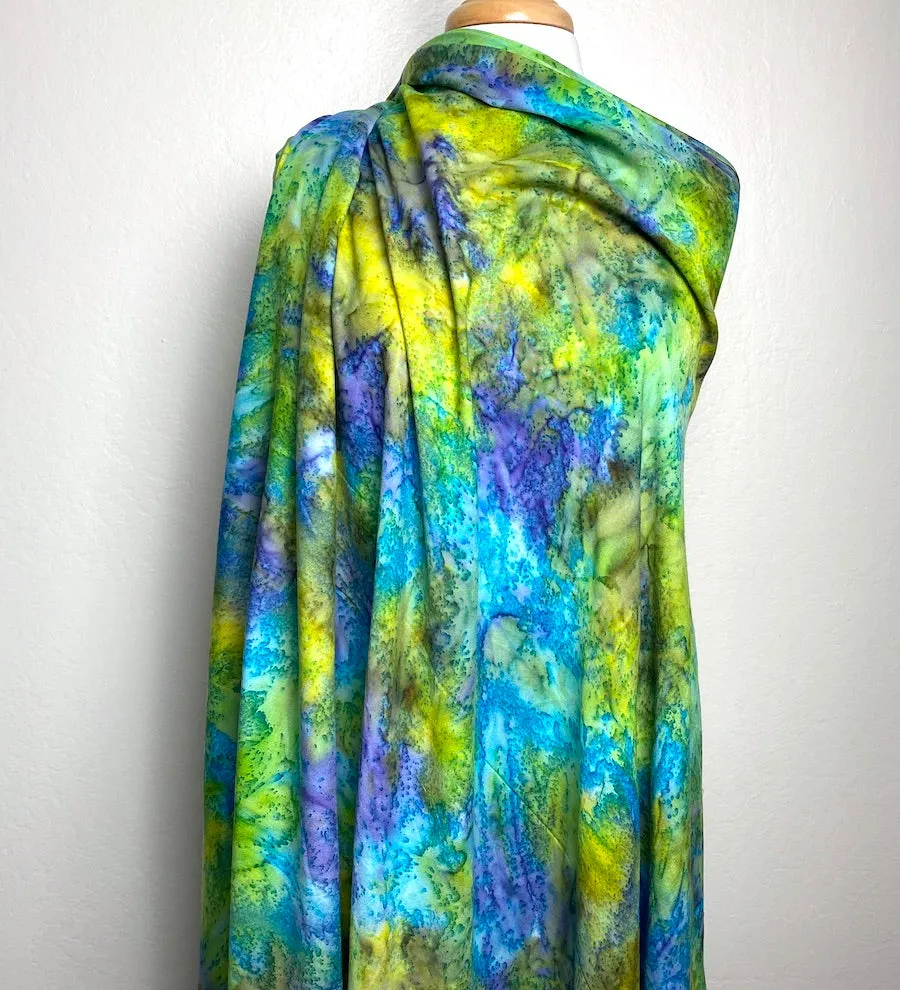 2.5-yard PIECE Pre-Washed/Dried, Hana, Tropical Turquoise/Lime Artisan Tie Dye Rayon Challis from India, #HB-273