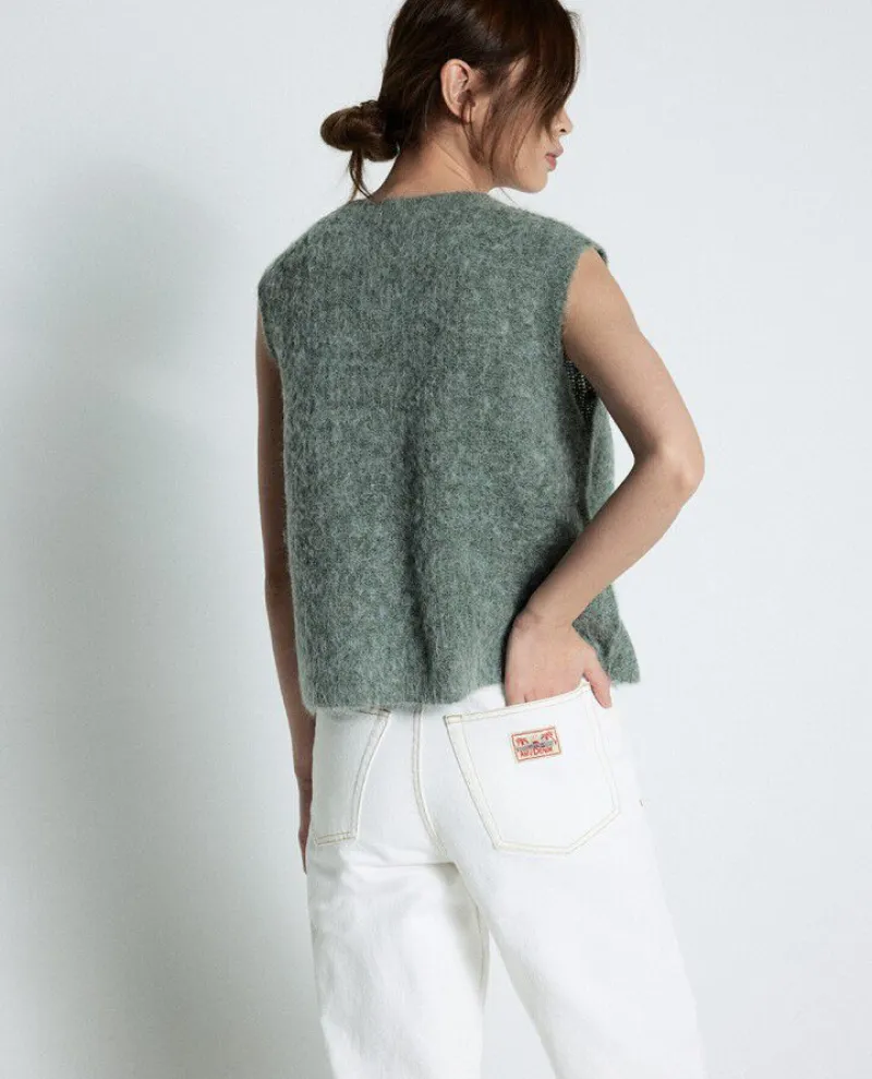 American Vintage East Tortoise Green Sleeveless Cardigan