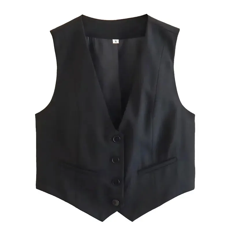 Amozae Women Cropped Waistcoat Elegant Solid Single Breasted V Neck Vest Spring Casual Woman Fashion Outerwear Waistcoats
