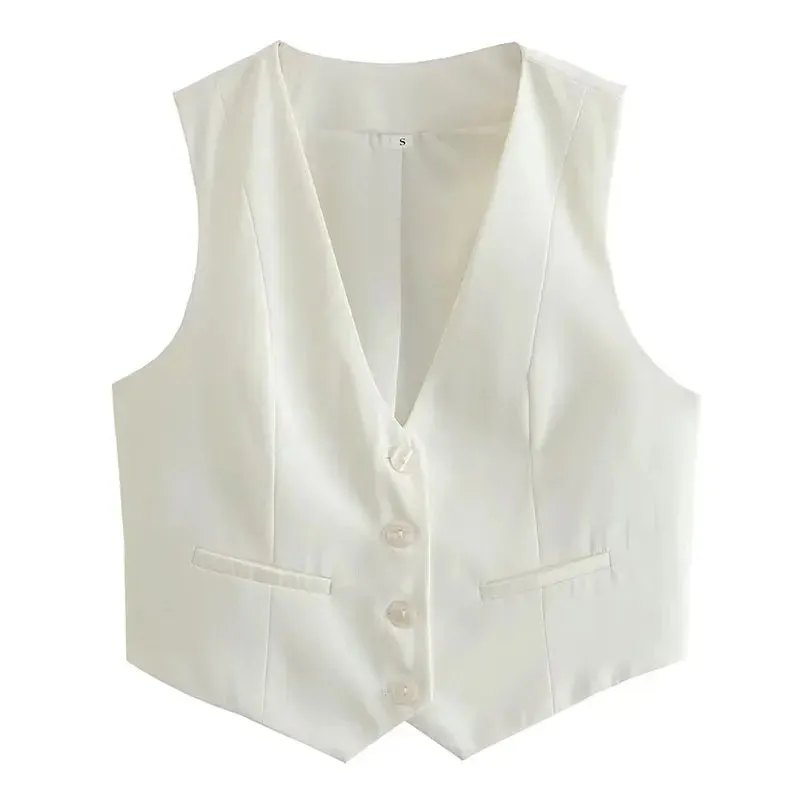Amozae Women Cropped Waistcoat Elegant Solid Single Breasted V Neck Vest Spring Casual Woman Fashion Outerwear Waistcoats