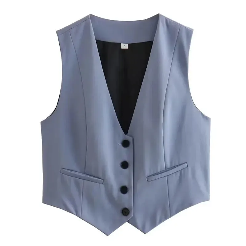 Amozae Women Cropped Waistcoat Elegant Solid Single Breasted V Neck Vest Spring Casual Woman Fashion Outerwear Waistcoats