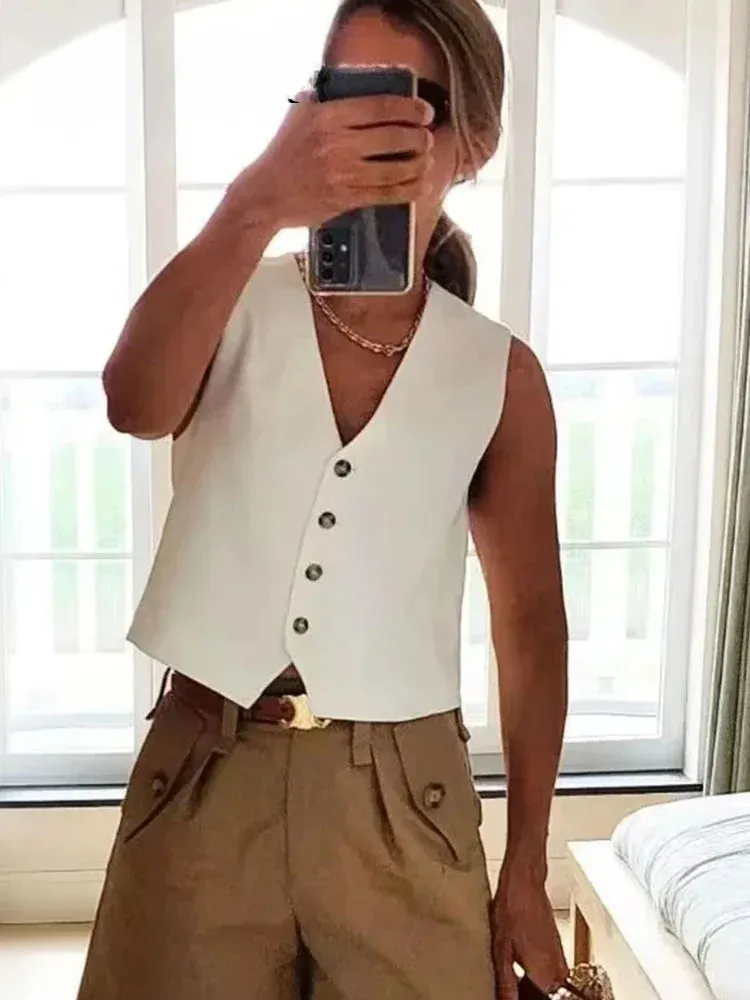 Amozae Women Cropped Waistcoat Elegant Solid Single Breasted V Neck Vest Spring Casual Woman Fashion Outerwear Waistcoats