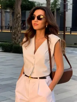 Amozae Women Cropped Waistcoat Elegant Solid Single Breasted V Neck Vest Spring Casual Woman Fashion Outerwear Waistcoats