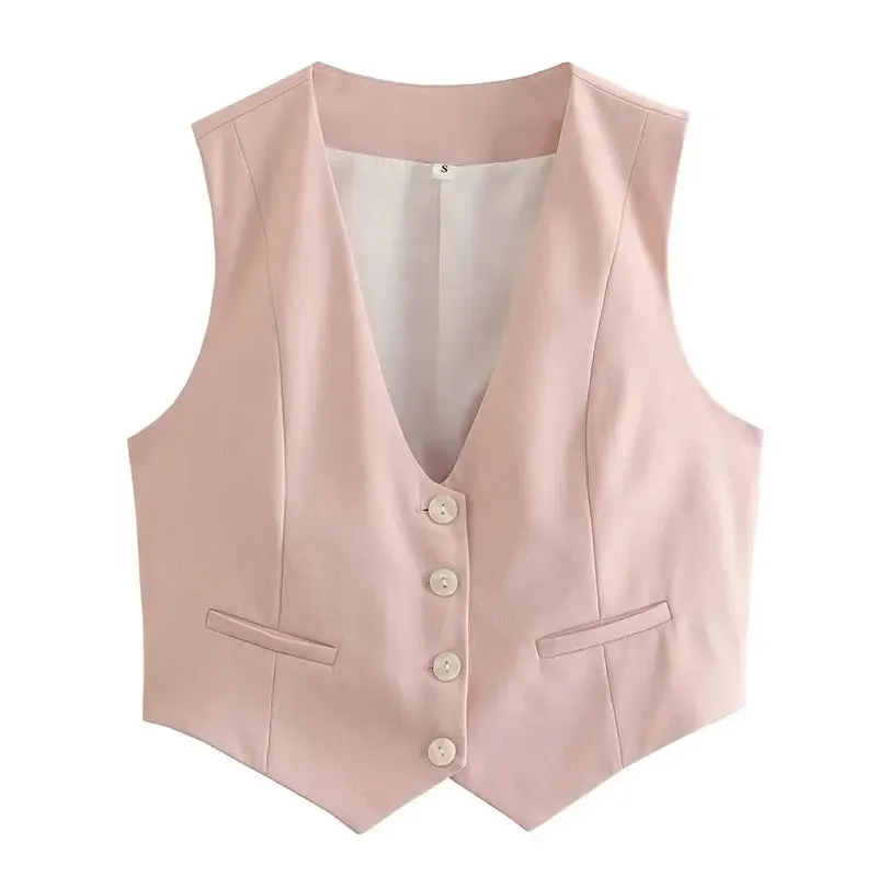 Amozae Women Cropped Waistcoat Elegant Solid Single Breasted V Neck Vest Spring Casual Woman Fashion Outerwear Waistcoats