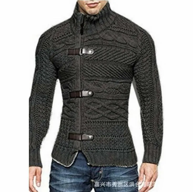 Ashoreshop Mens 3 Leather Buckle Cableknit Longsleeve English Style Sweater