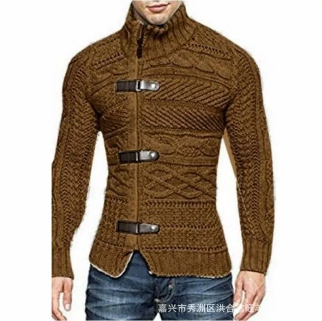 Ashoreshop Mens 3 Leather Buckle Cableknit Longsleeve English Style Sweater