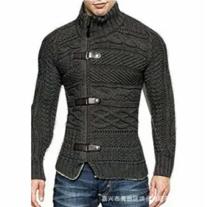 Ashoreshop Mens 3 Leather Buckle Cableknit Longsleeve English Style Sweater