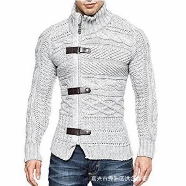 Ashoreshop Mens 3 Leather Buckle Cableknit Longsleeve English Style Sweater