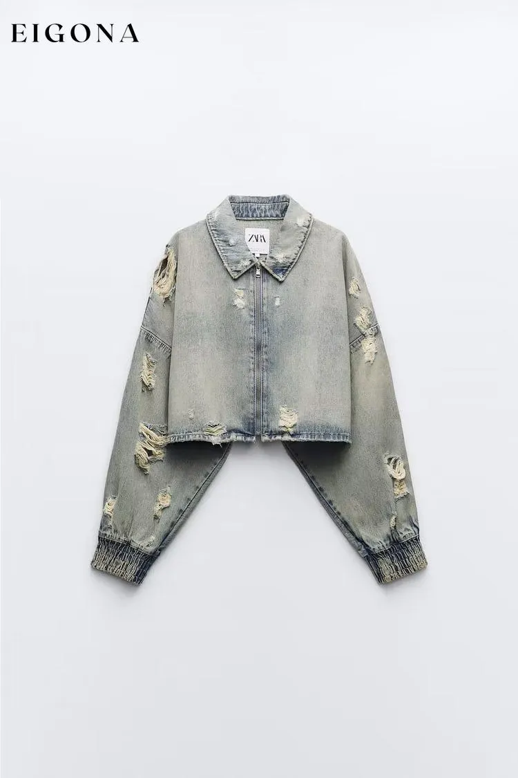 Autumn Women  Collared Worn Looking Washed out Perforated Hole Decoration Denim Short Jacket