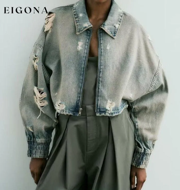 Autumn Women  Collared Worn Looking Washed out Perforated Hole Decoration Denim Short Jacket