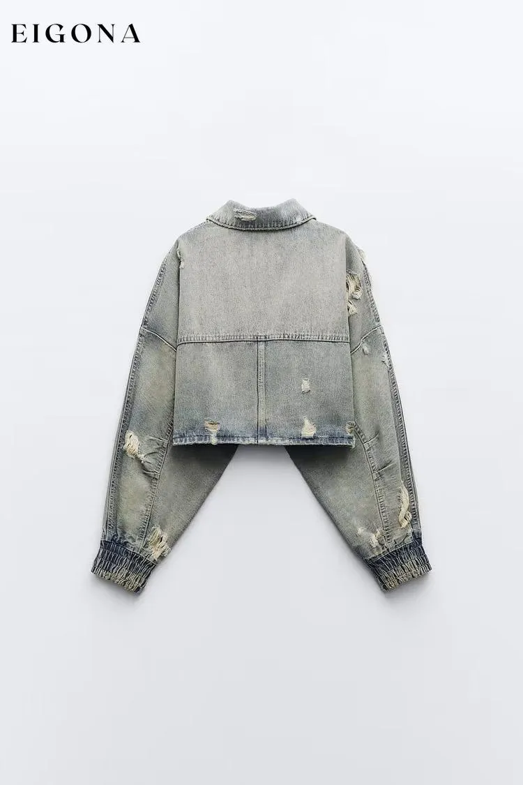 Autumn Women  Collared Worn Looking Washed out Perforated Hole Decoration Denim Short Jacket