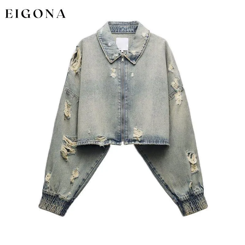 Autumn Women  Collared Worn Looking Washed out Perforated Hole Decoration Denim Short Jacket