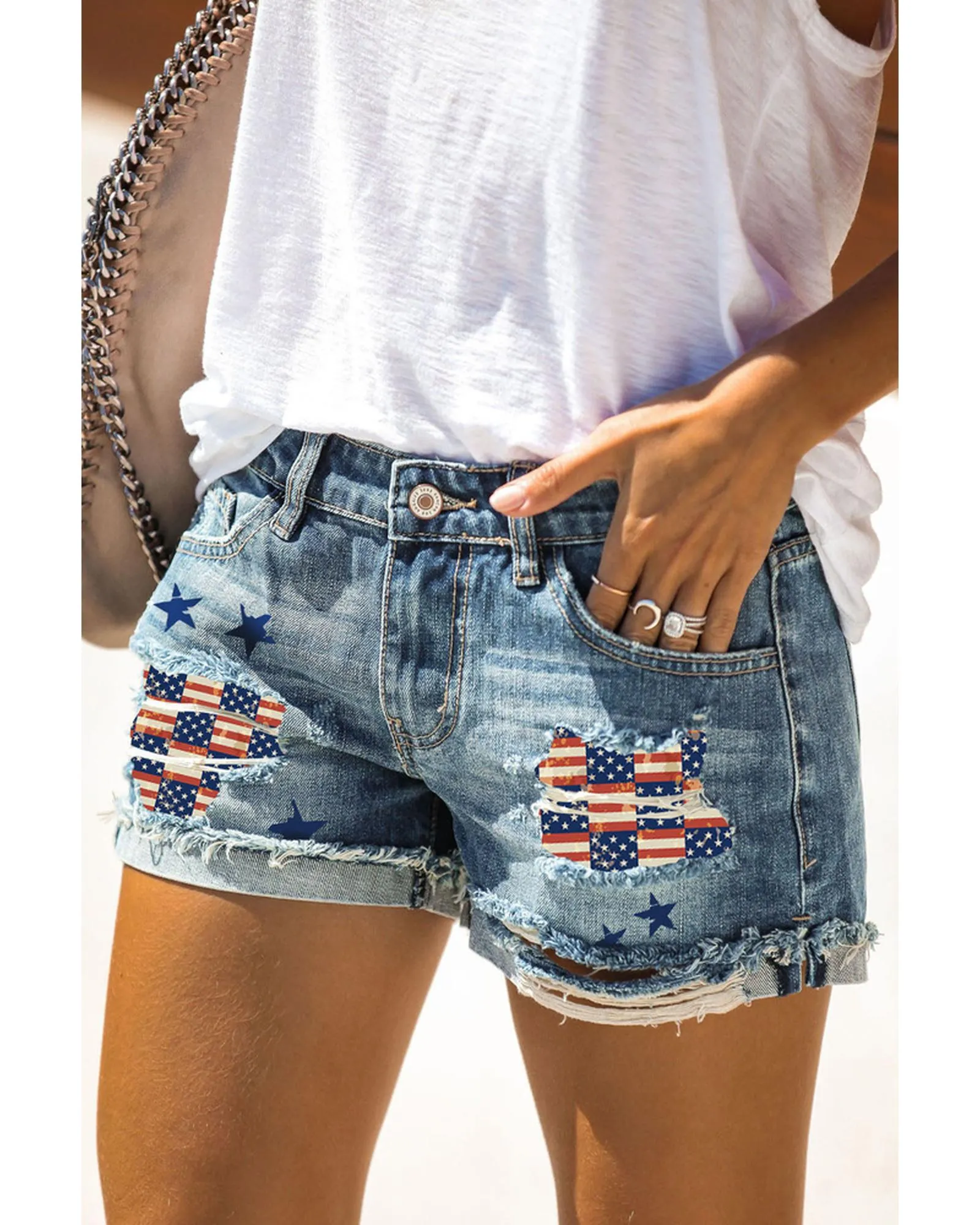 Azura Exchange American Flag Patchwork Denim Shorts - M