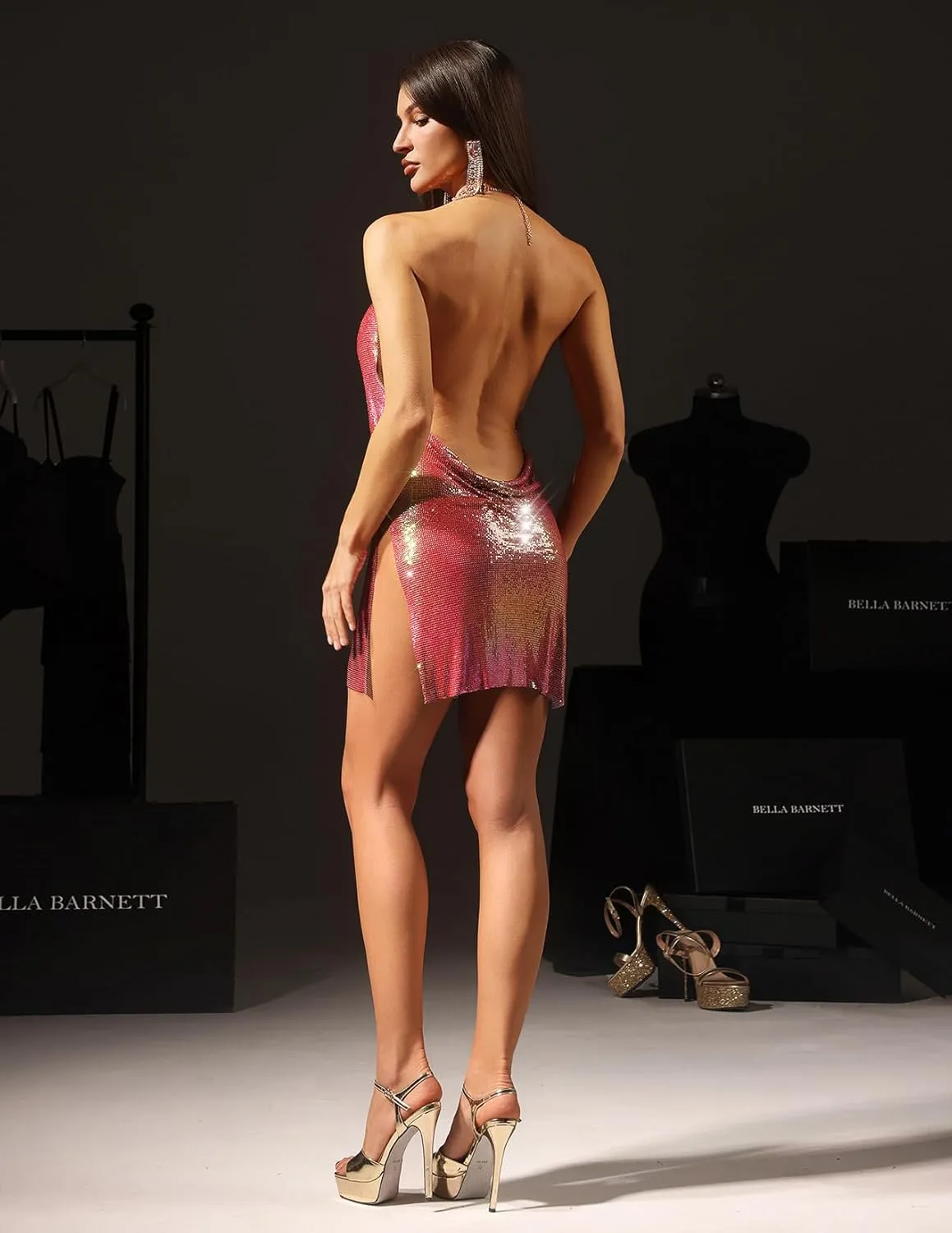 BELLA BARNETT Metallic Halter Sequin Prom Dress Sophisticated See Through Hot Pink Bodycon Dress