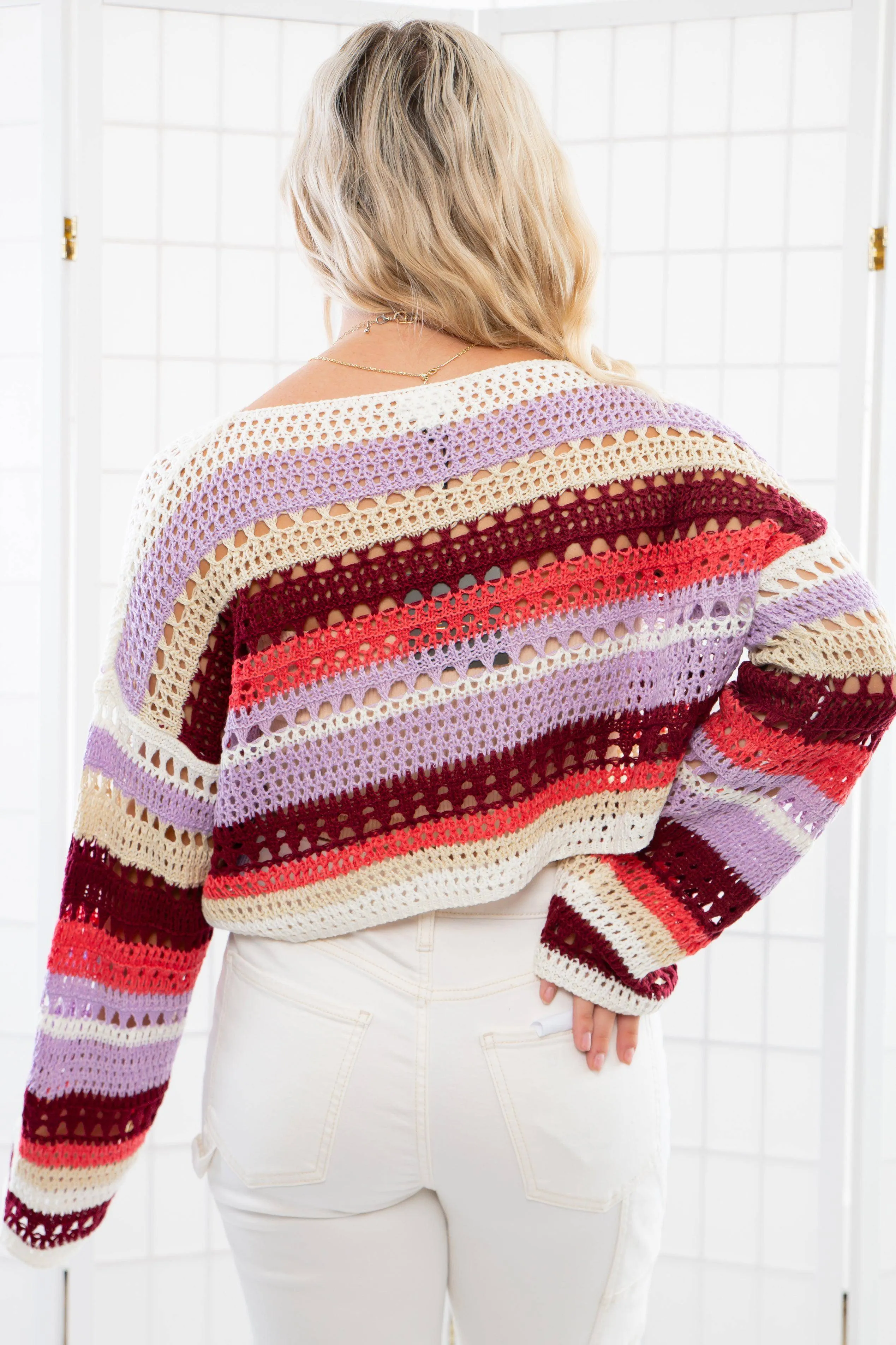 Between the Lines Lavender Striped Crochet Sweater