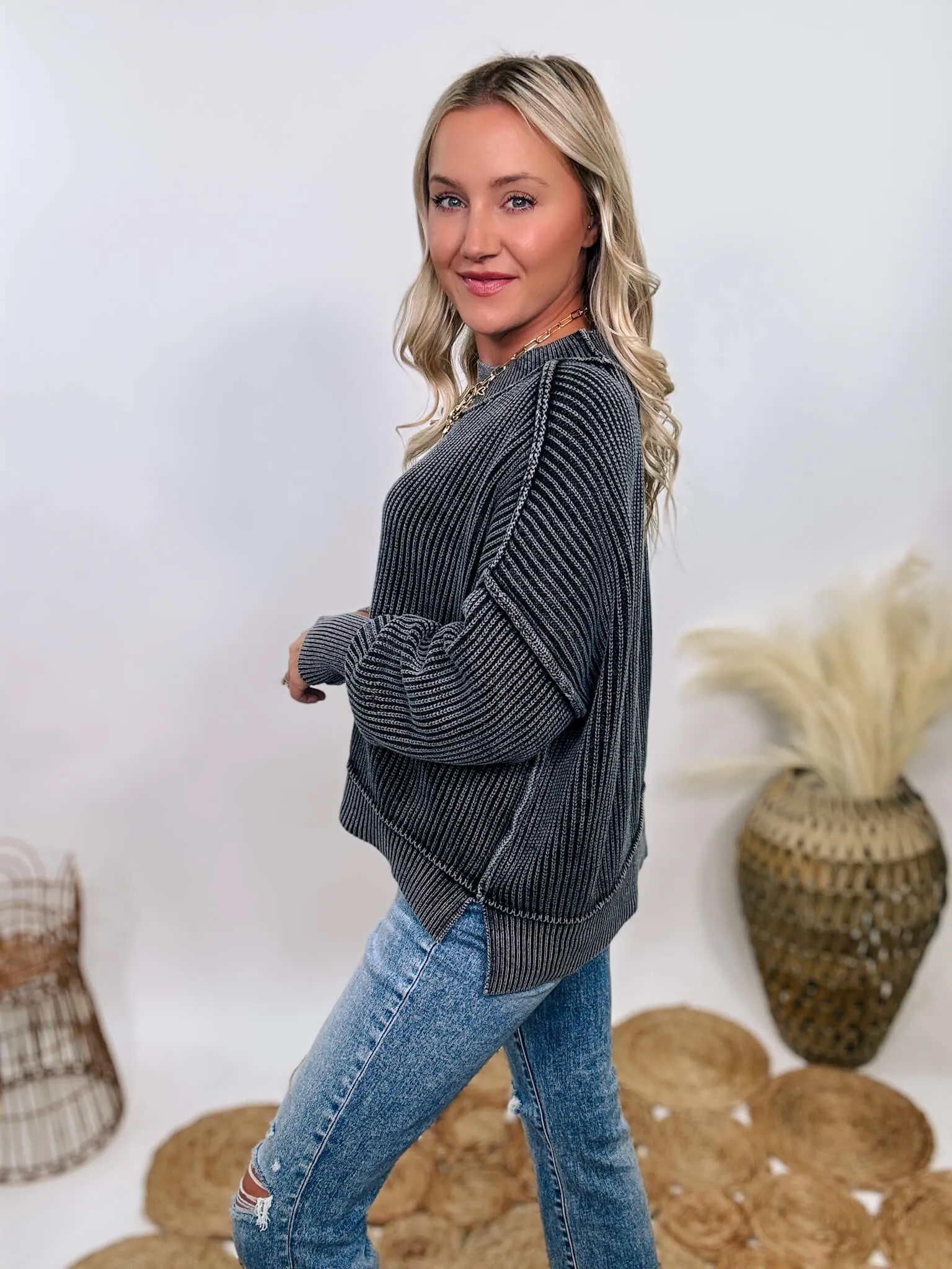 Black Acid Washed Ribbed Side Slit Sweater