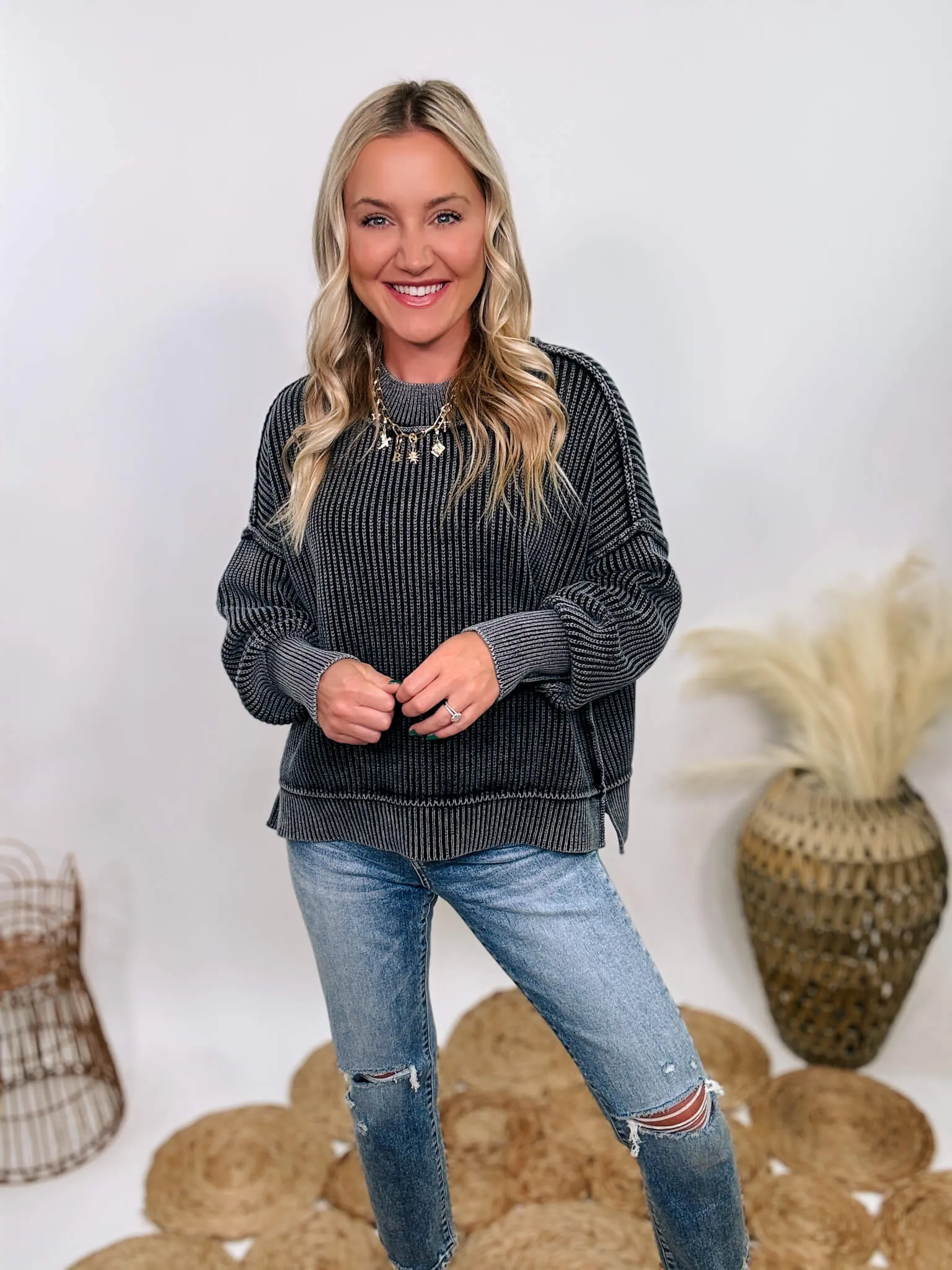 Black Acid Washed Ribbed Side Slit Sweater