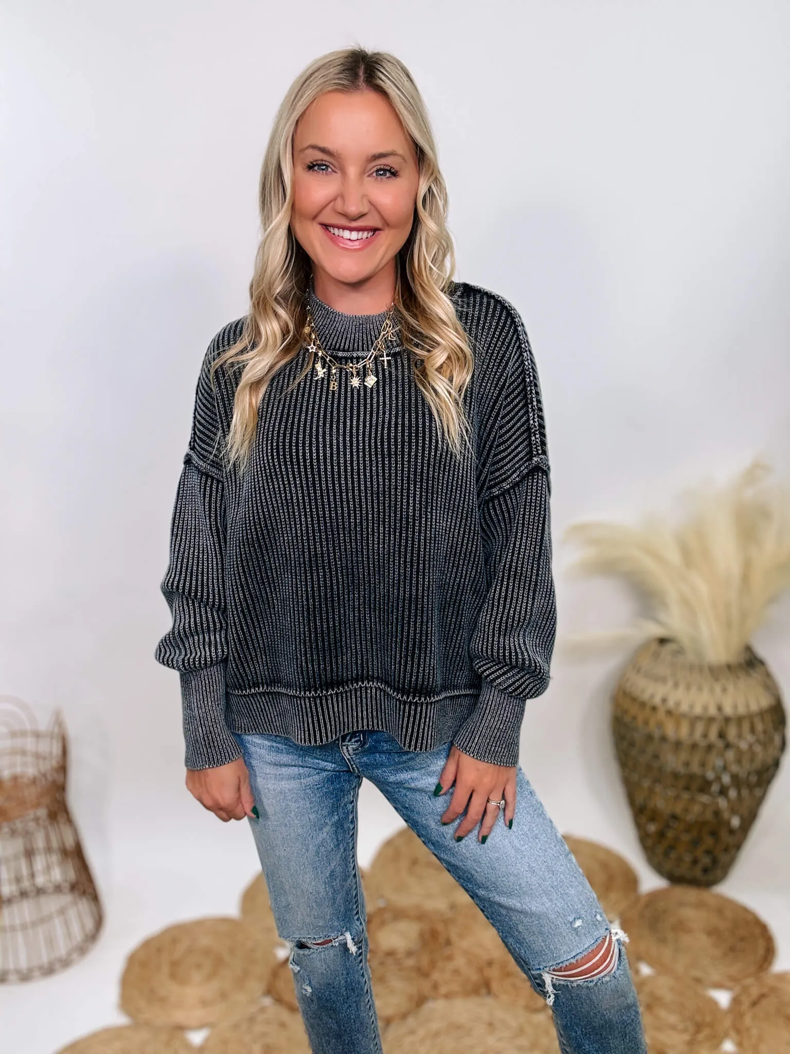 Black Acid Washed Ribbed Side Slit Sweater