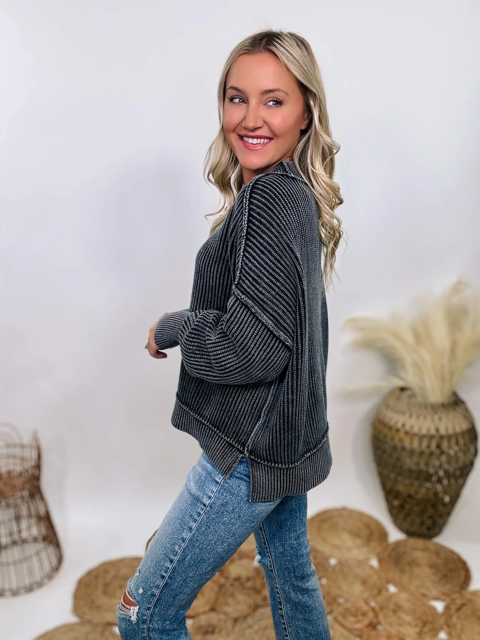 Black Acid Washed Ribbed Side Slit Sweater