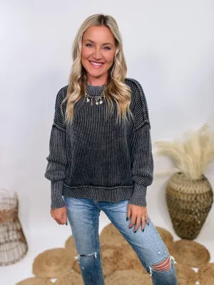 Black Acid Washed Ribbed Side Slit Sweater