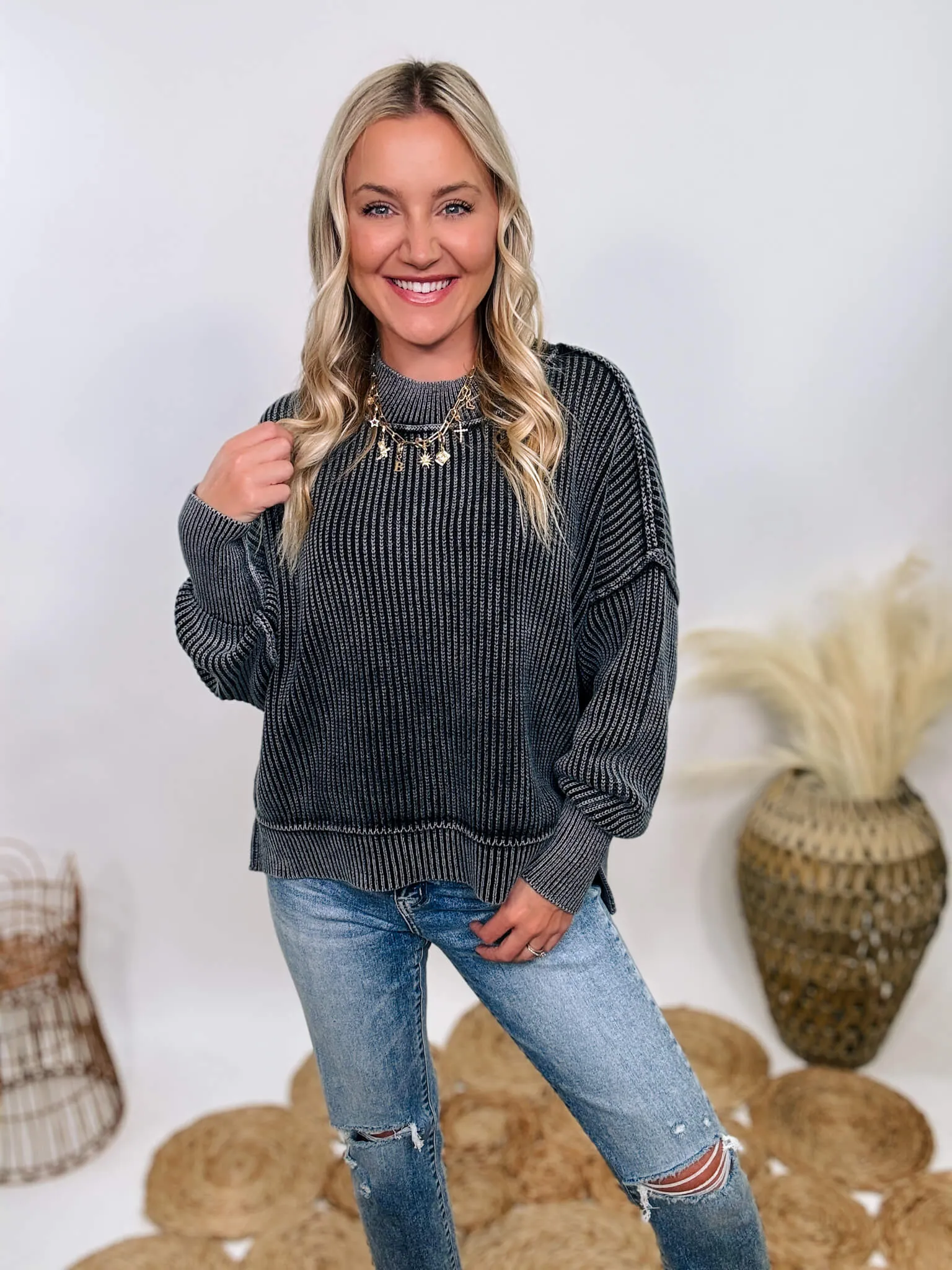 Black Acid Washed Ribbed Side Slit Sweater