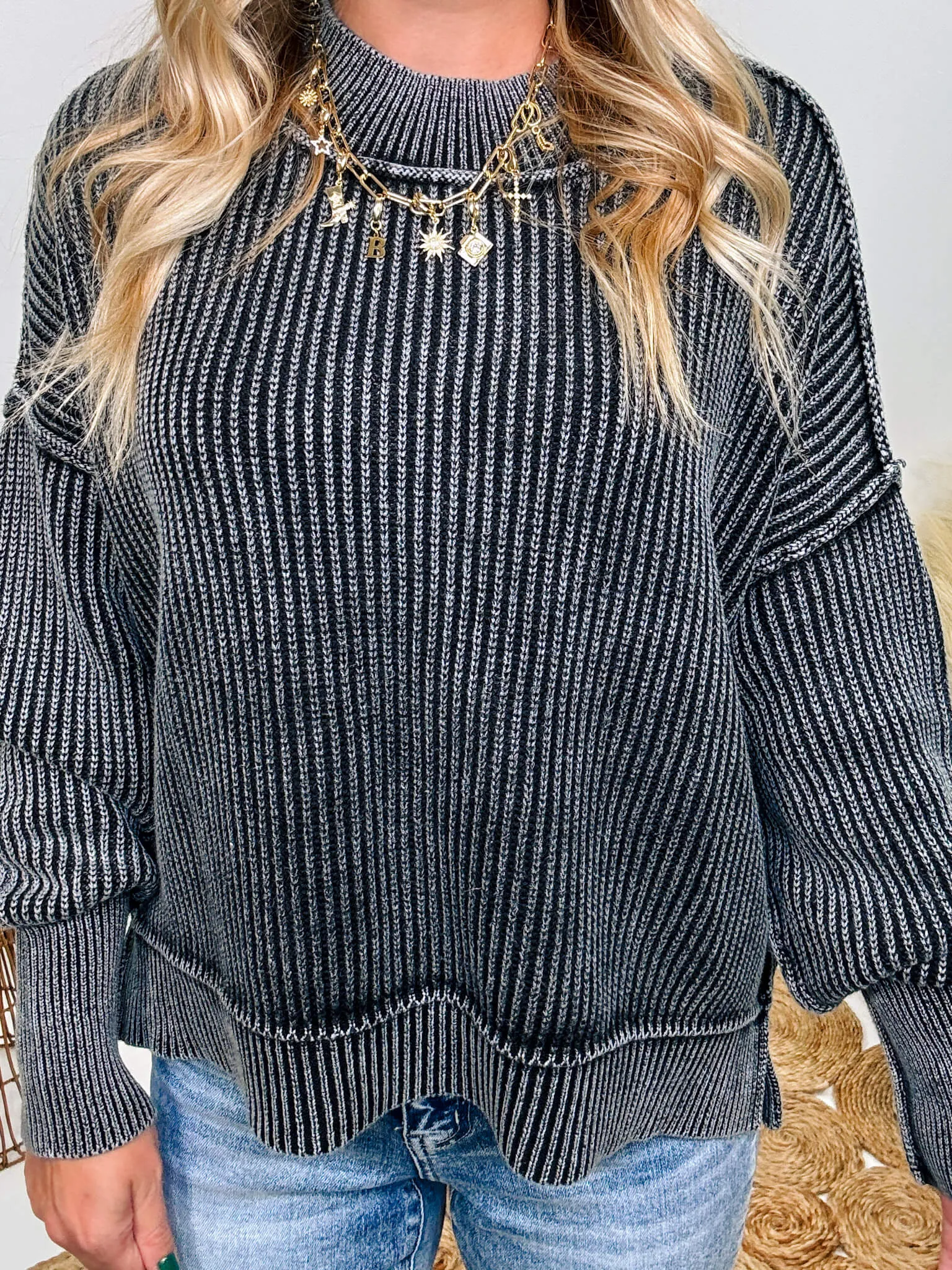 Black Acid Washed Ribbed Side Slit Sweater