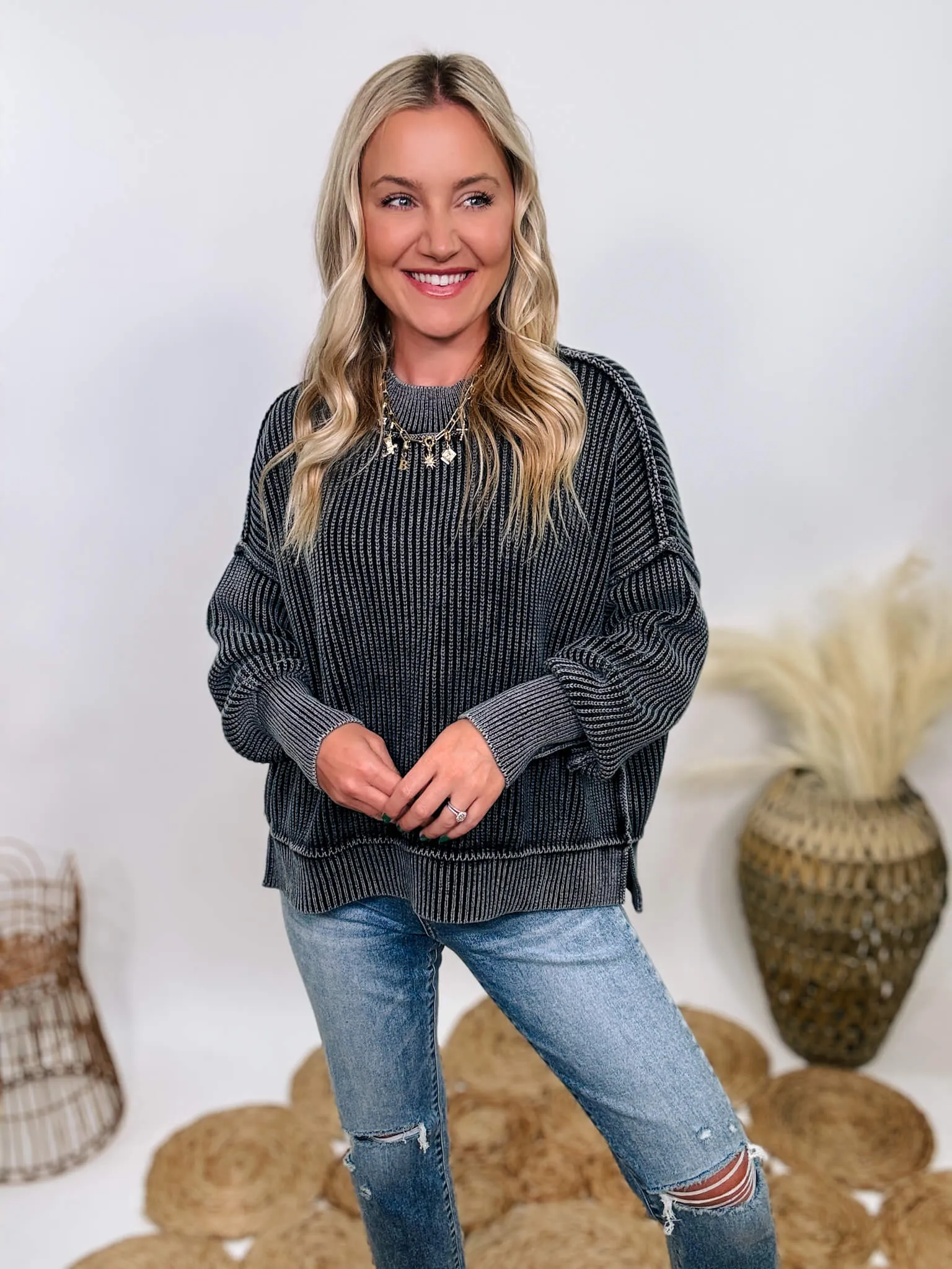 Black Acid Washed Ribbed Side Slit Sweater