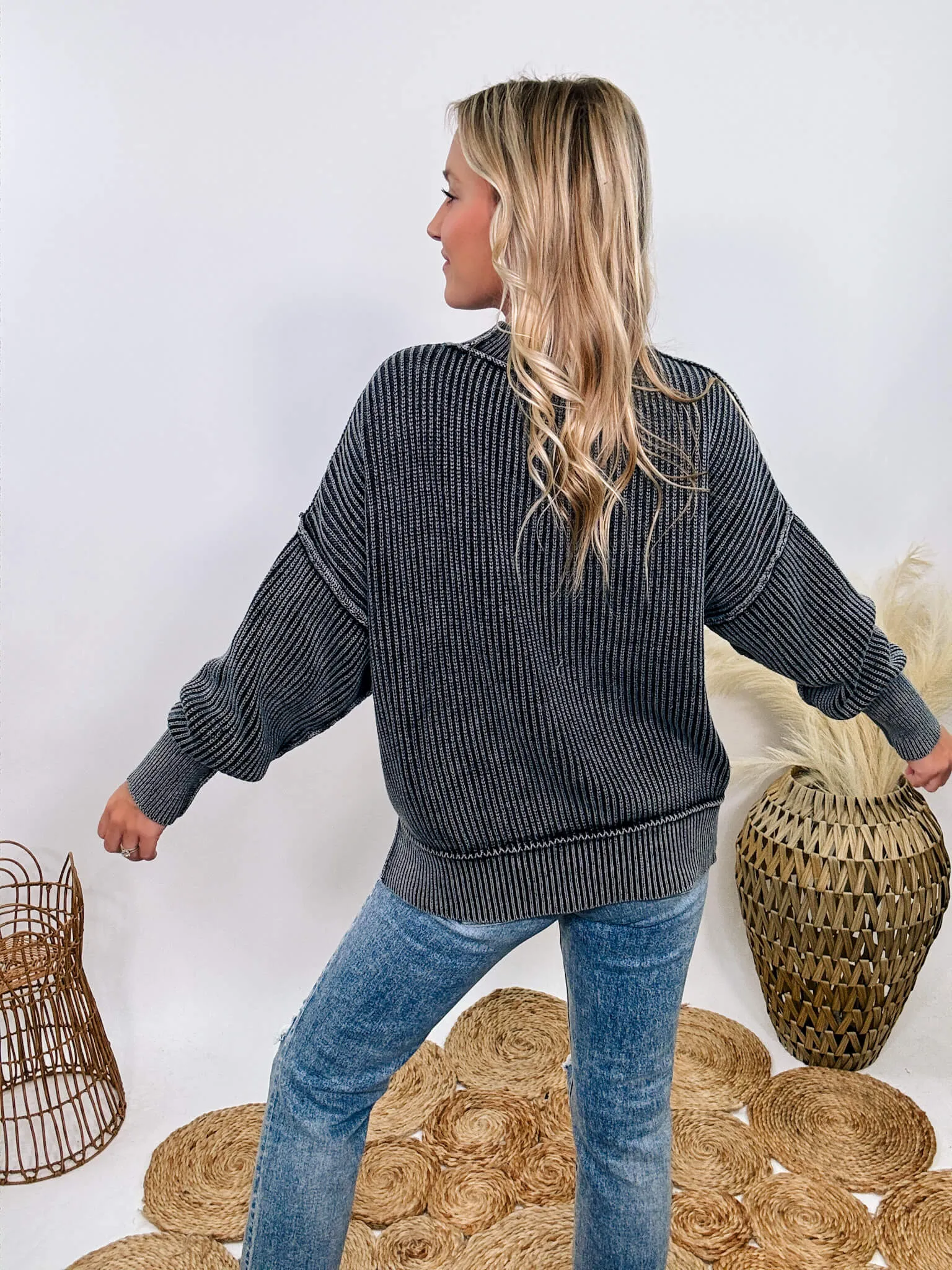 Black Acid Washed Ribbed Side Slit Sweater