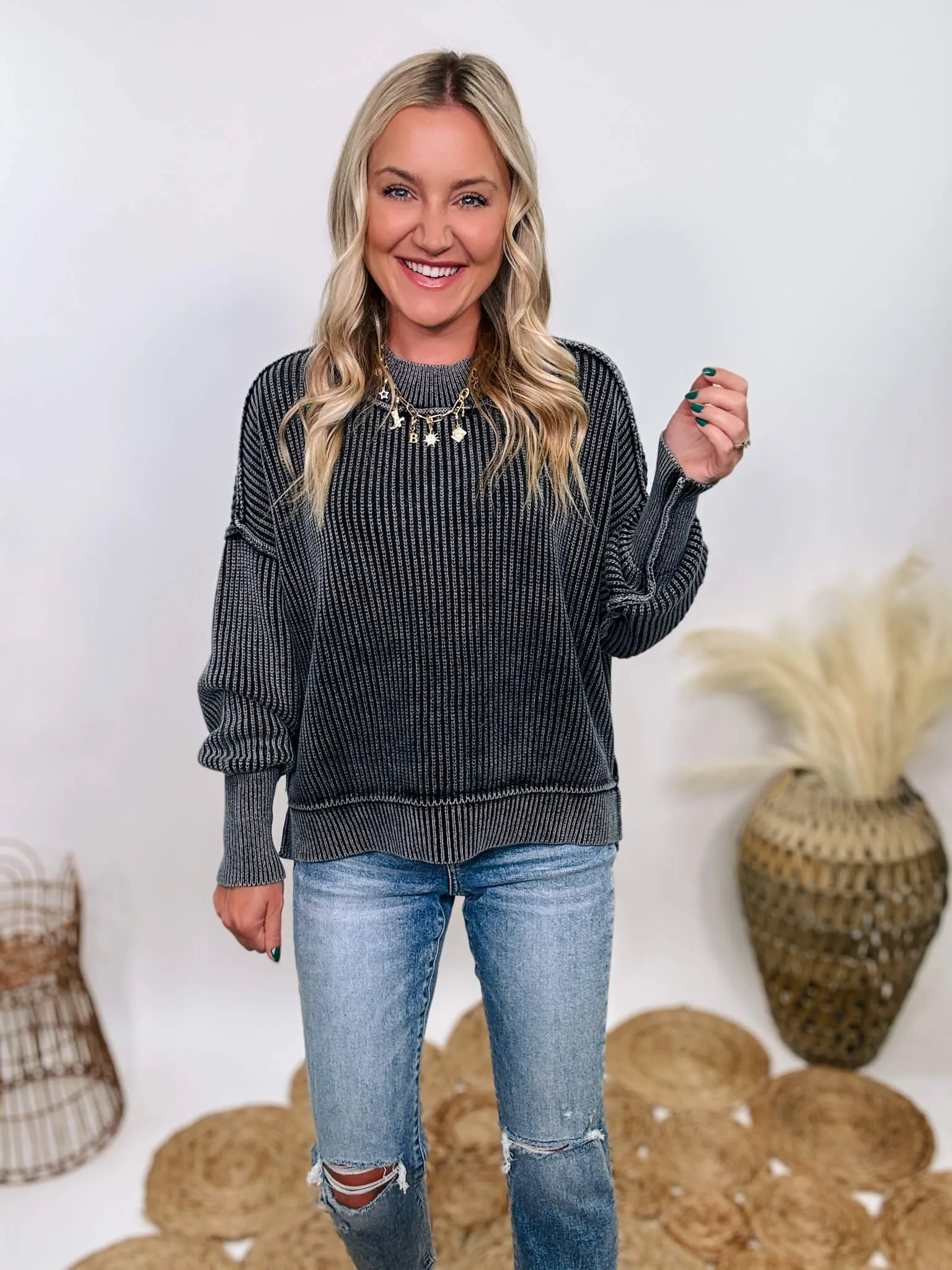 Black Acid Washed Ribbed Side Slit Sweater