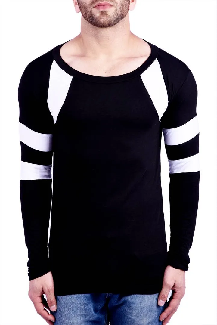 Black Cotton Self Pattern Round Neck Tees