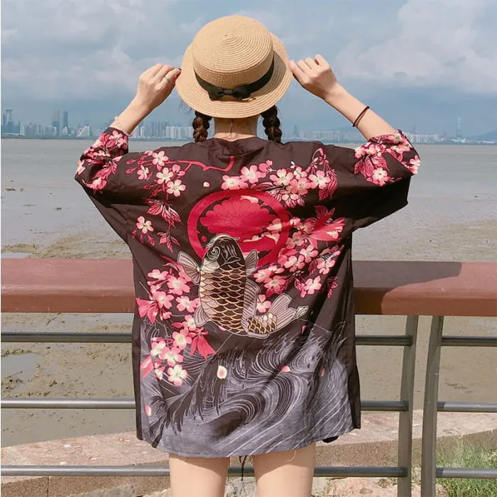 Black Fish Floral Kimono Outerwear Sun Protective