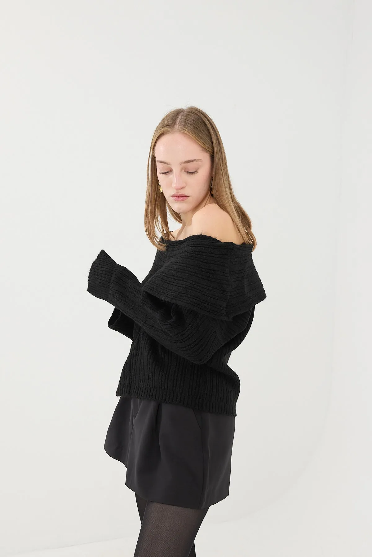 Boat Neck Long Sleeve Knit Sweater