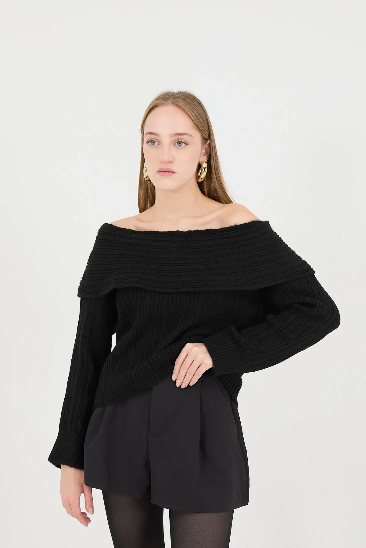 Boat Neck Long Sleeve Knit Sweater