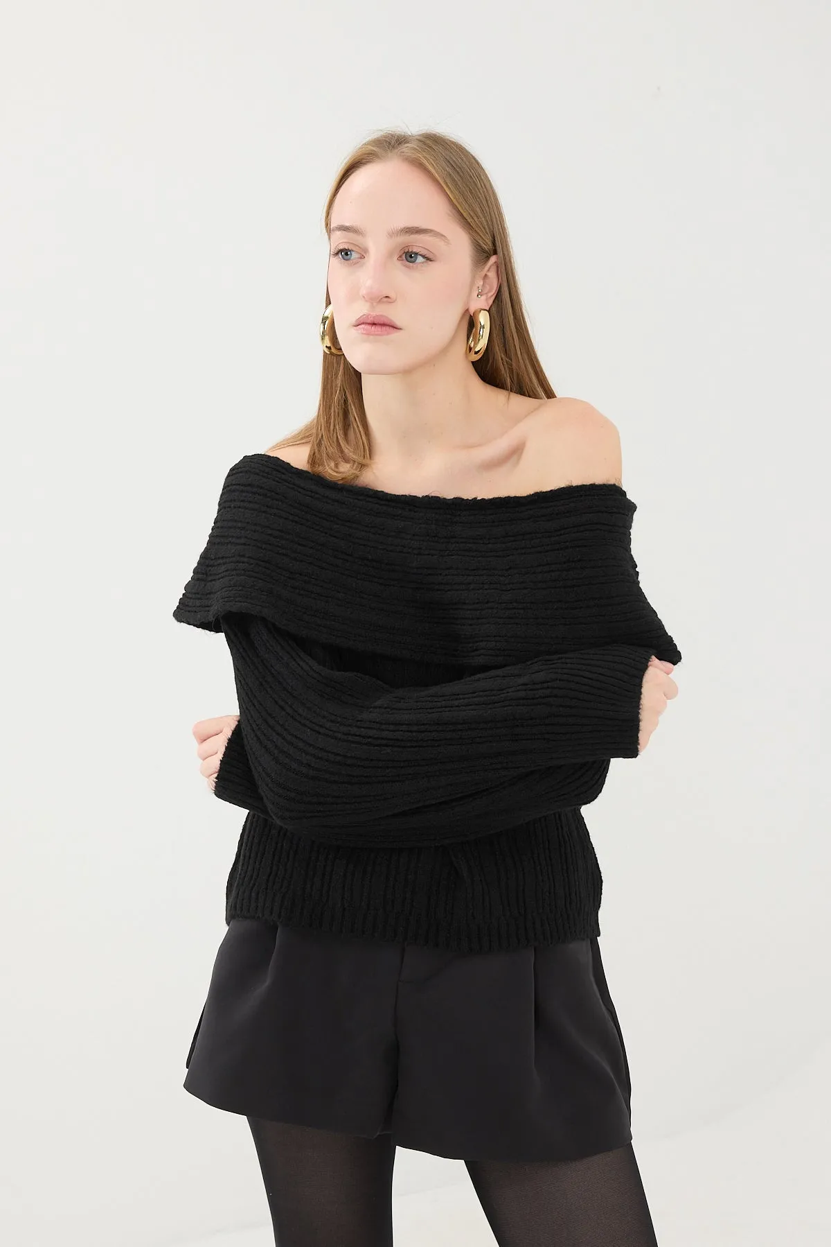 Boat Neck Long Sleeve Knit Sweater