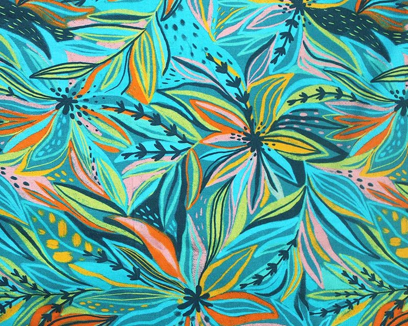 Botanical Floral 100% Viscose Challis dress fabric x 1/2m. Teal/aqua