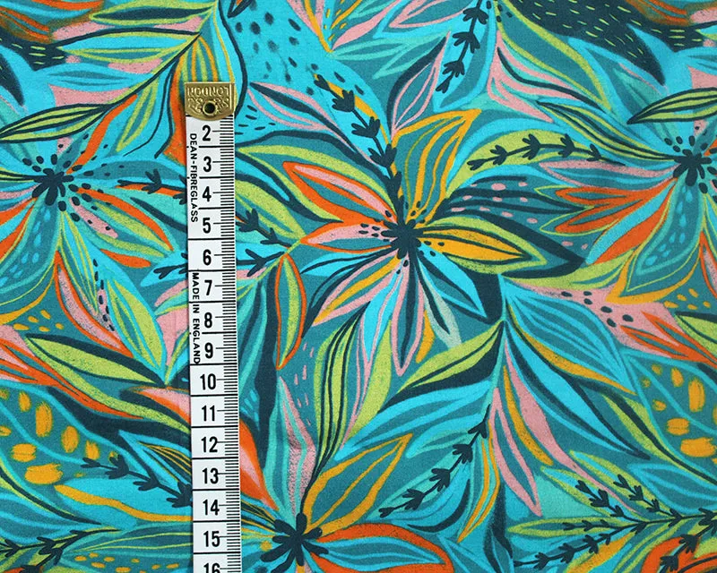 Botanical Floral 100% Viscose Challis dress fabric x 1/2m. Teal/aqua