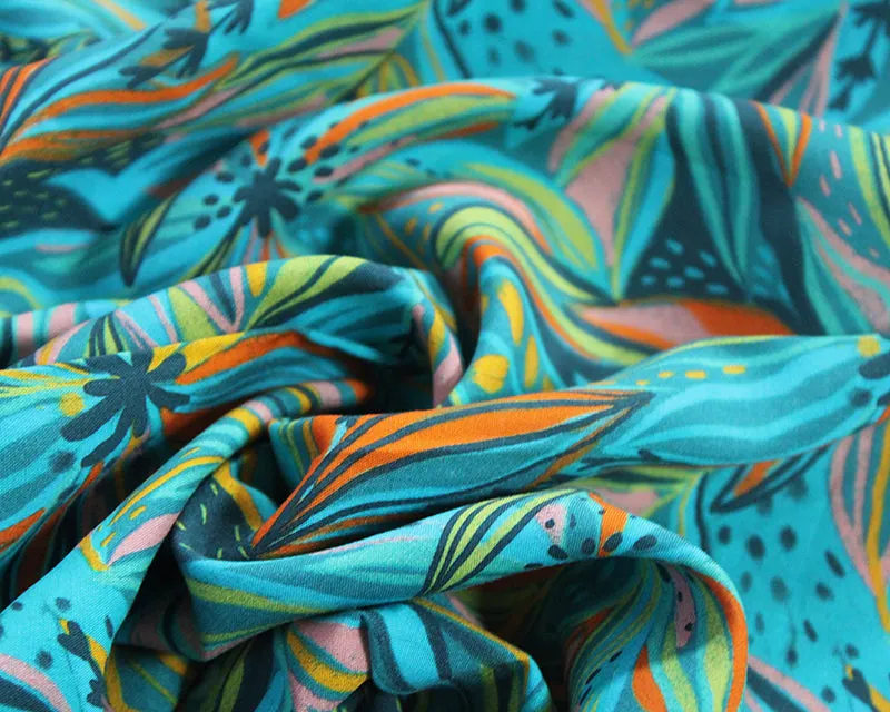Botanical Floral 100% Viscose Challis dress fabric x 1/2m. Teal/aqua