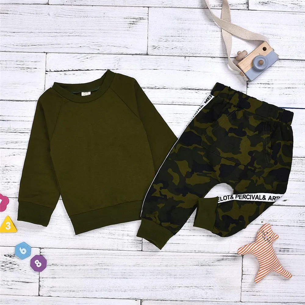 Boys Solid Camouflage Printed Tops & Pants Wholesale Boy Clothing