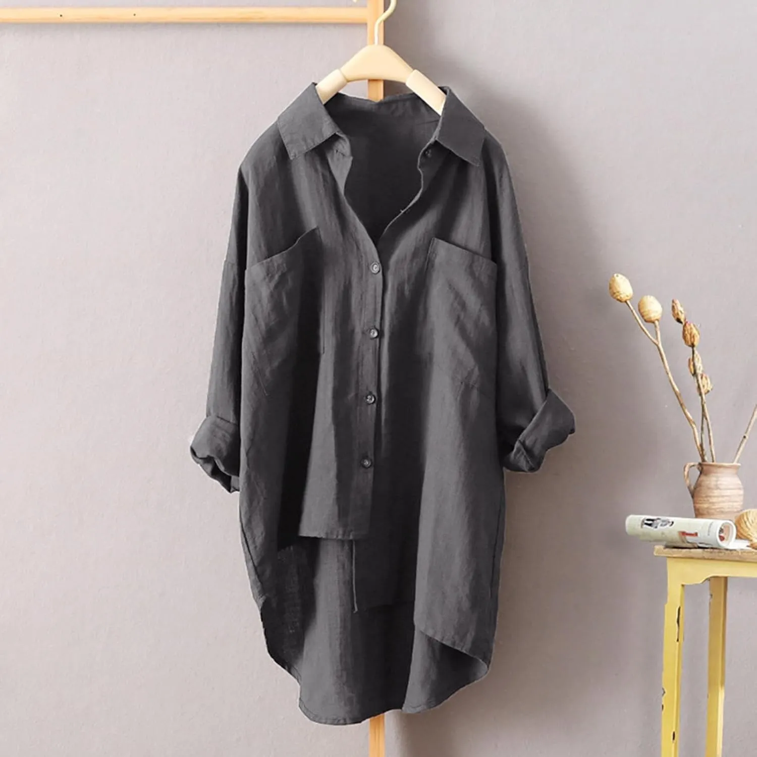 Button Down Blouses Tops Women Linen Shirts Autumn and Winter Work Daily Long Sleeved Slim Light Blue Shirt Top