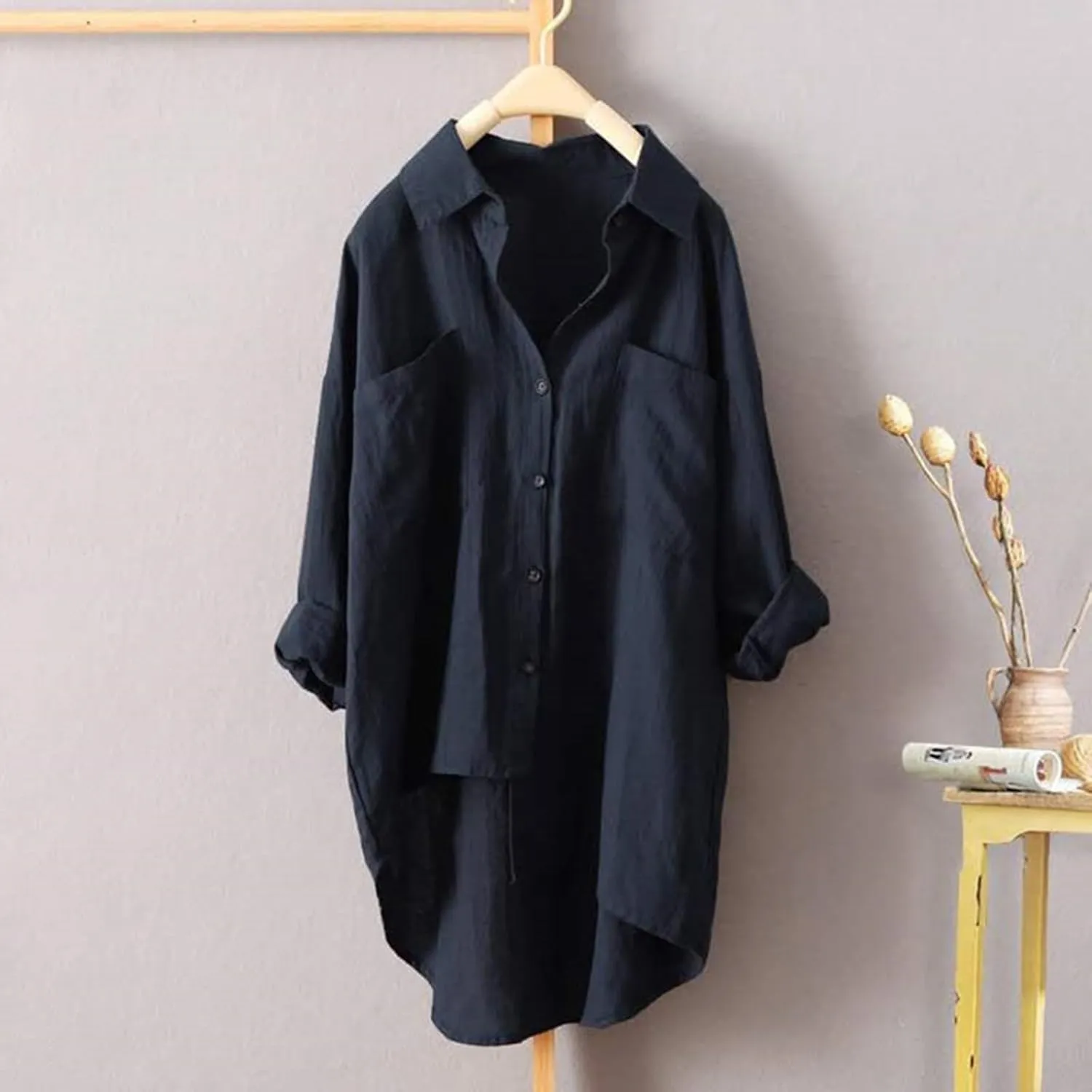 Button Down Blouses Tops Women Linen Shirts Autumn and Winter Work Daily Long Sleeved Slim Light Blue Shirt Top