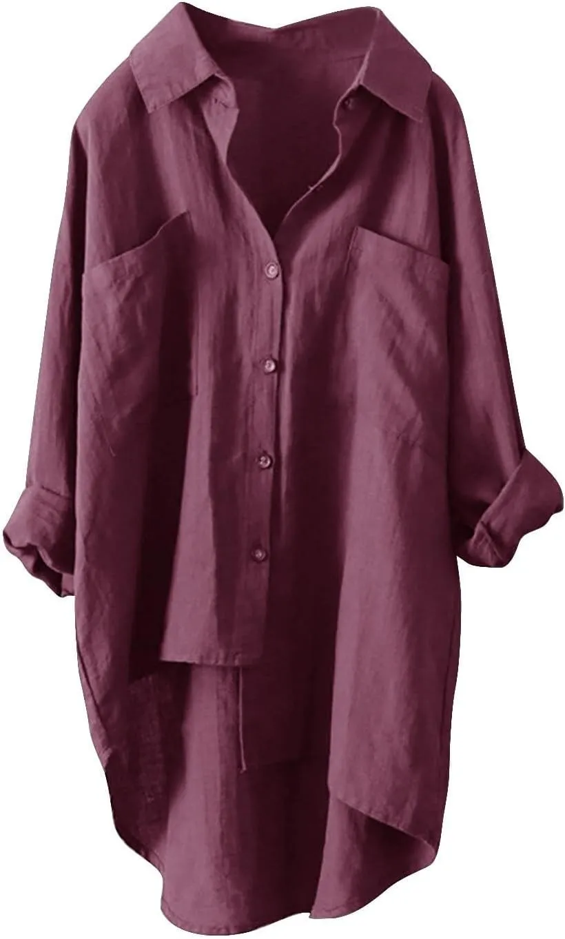 Button Down Blouses Tops Women Linen Shirts Autumn and Winter Work Daily Long Sleeved Slim Light Blue Shirt Top
