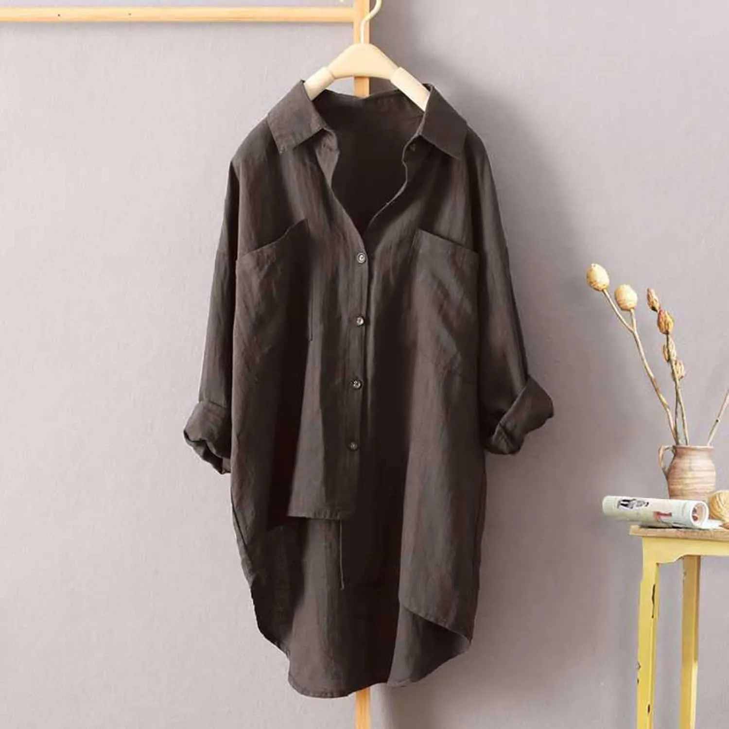 Button Down Blouses Tops Women Linen Shirts Autumn and Winter Work Daily Long Sleeved Slim Light Blue Shirt Top