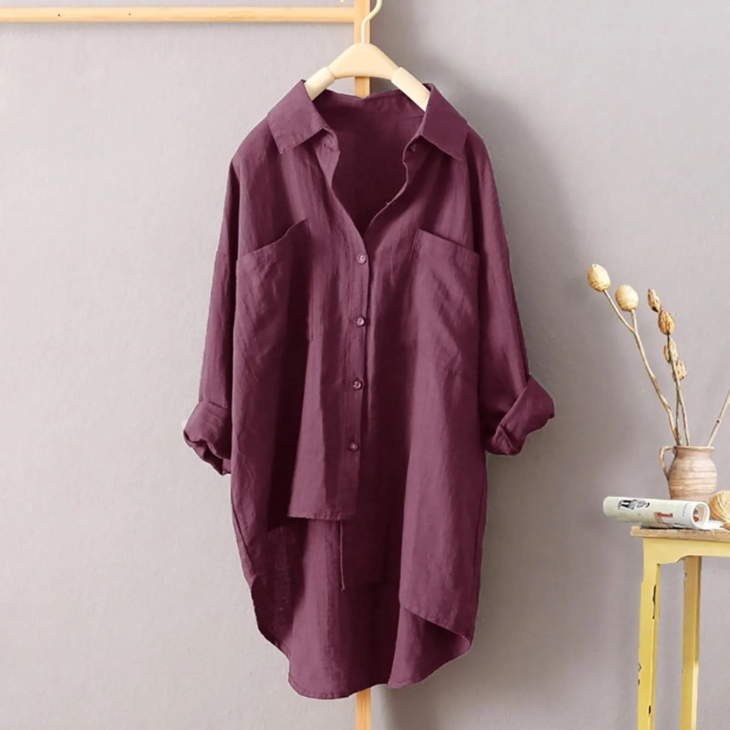 Button Down Blouses Tops Women Linen Shirts Autumn and Winter Work Daily Long Sleeved Slim Light Blue Shirt Top