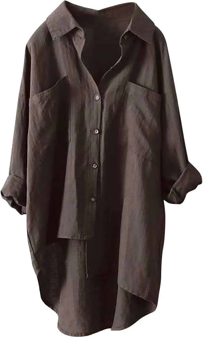 Button Down Blouses Tops Women Linen Shirts Autumn and Winter Work Daily Long Sleeved Slim Light Blue Shirt Top