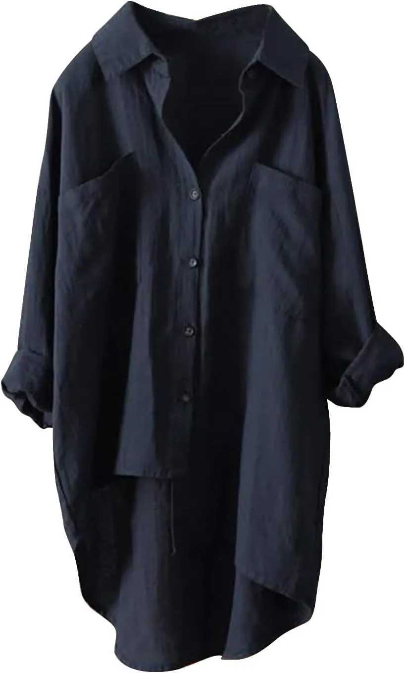 Button Down Blouses Tops Women Linen Shirts Autumn and Winter Work Daily Long Sleeved Slim Light Blue Shirt Top