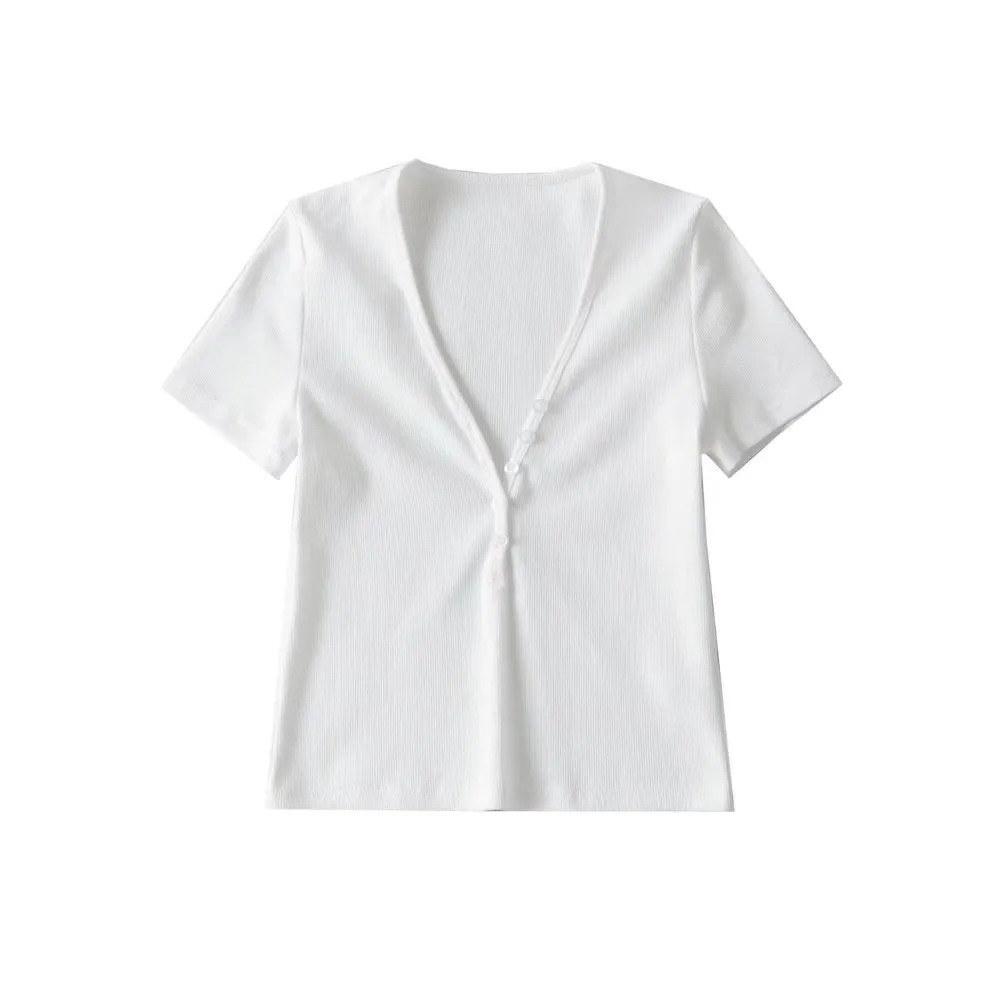 Button-Down Deep V Short-Sleeved Solid Color Slim-Fit Blouses Wholesale Women Tops