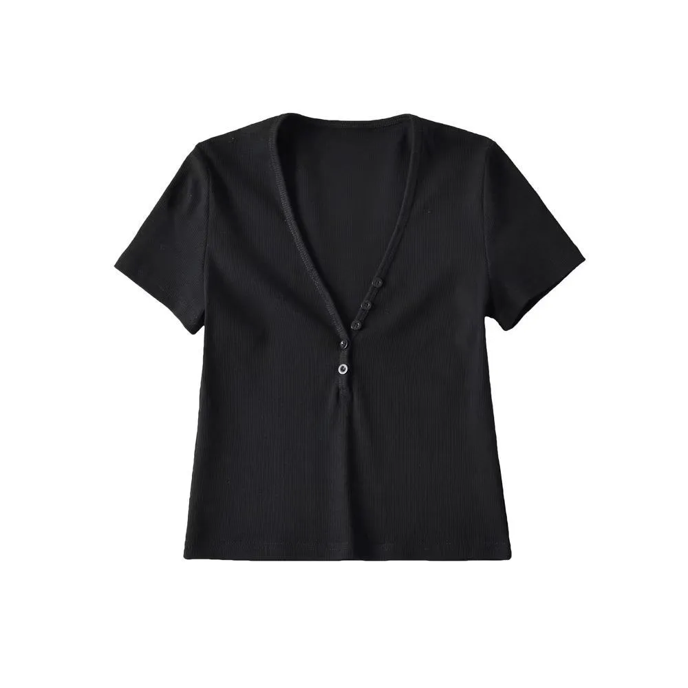 Button-Down Deep V Short-Sleeved Solid Color Slim-Fit Blouses Wholesale Women Tops